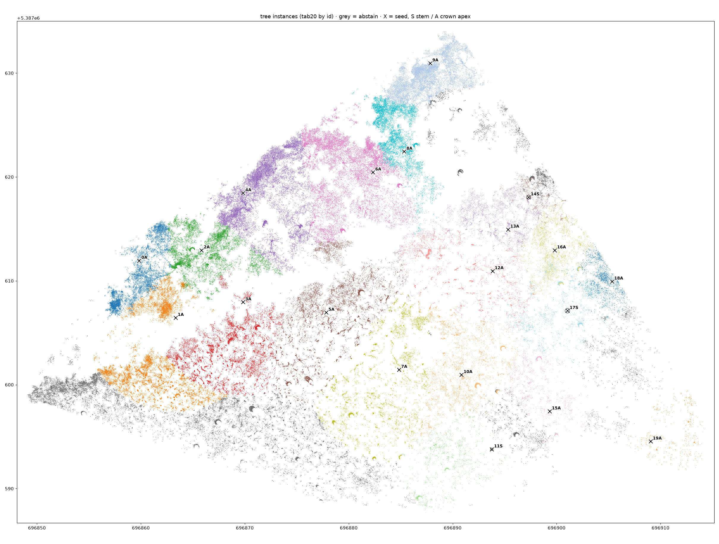 Top-down view of tree points coloured by instance id, seeds marked with X